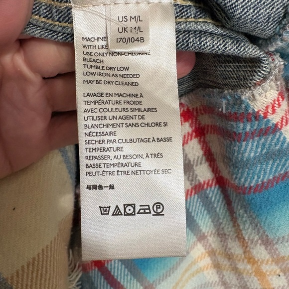 Free People Blue Denim Jacket with Plaid Details Trucker Shirt Jacket Preppy VTG - Picture 8 of 12